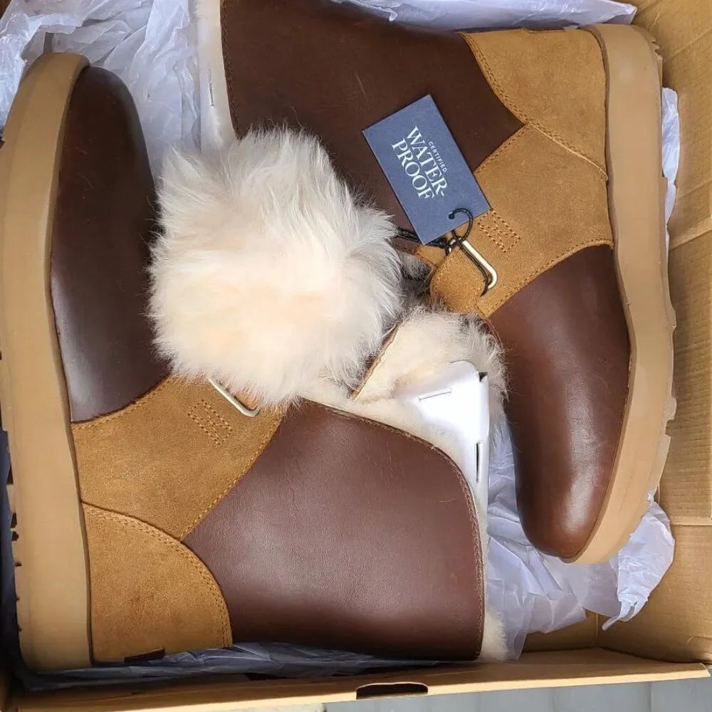 UGG Isley Brown Leather Chestnut Suede Waterproof Boots with Pom Pom size 9 1/2 - Picture 3 of 14